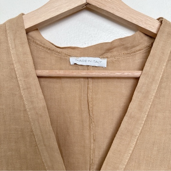Made In Italy Womens Medium Linen Vneck Button Tan Romper - Picture 8 of 12